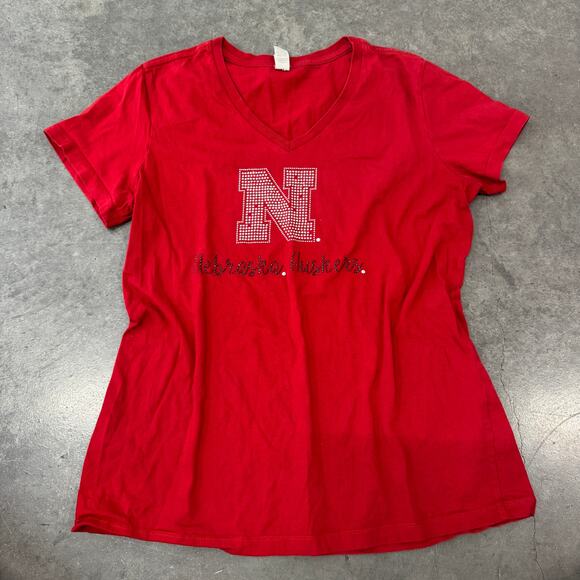 Vintage Y2K Nebraska Huskers Mcbling University Rhinestone Red Graphic Tee XL - Picture 1 of 5